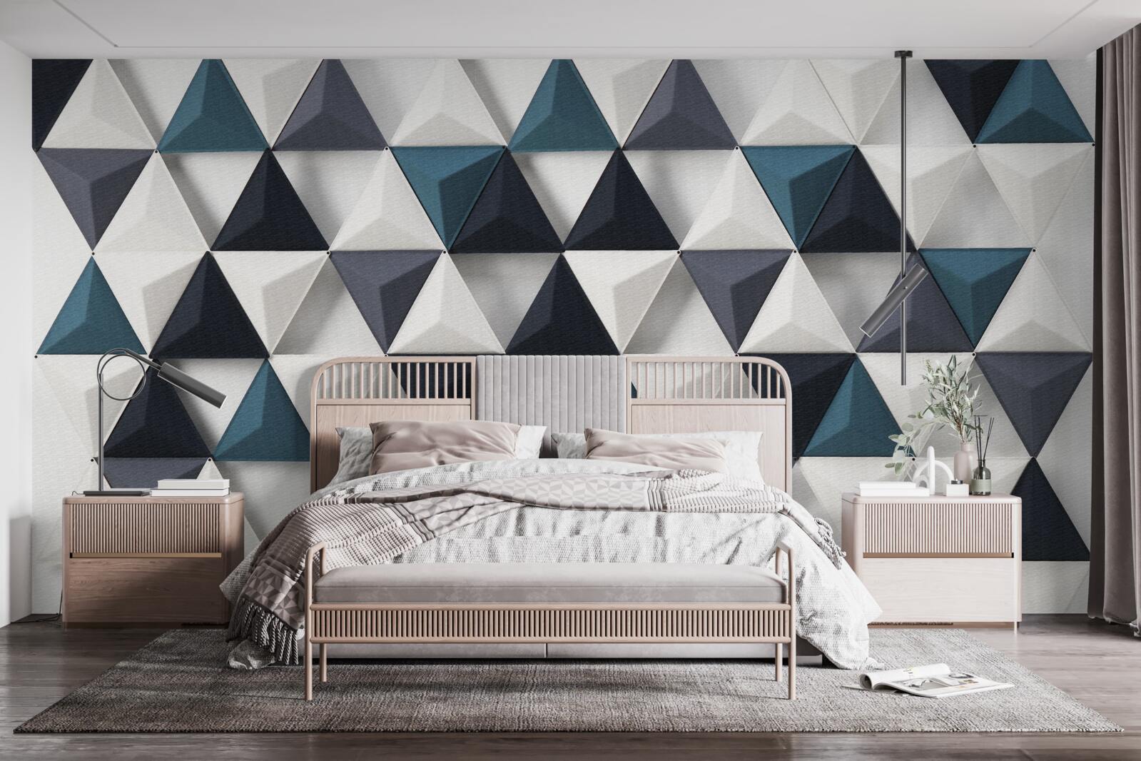 Fotobehang volumetrische driehoeken in witte en smaragdgroene tinten