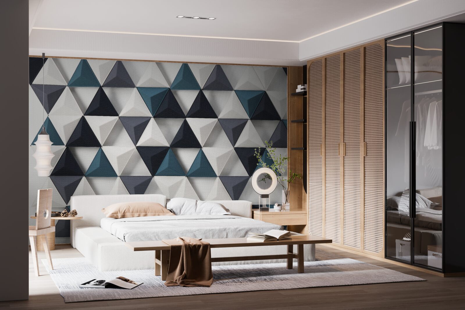 Fotobehang volumetrische driehoeken in witte en smaragdgroene tinten