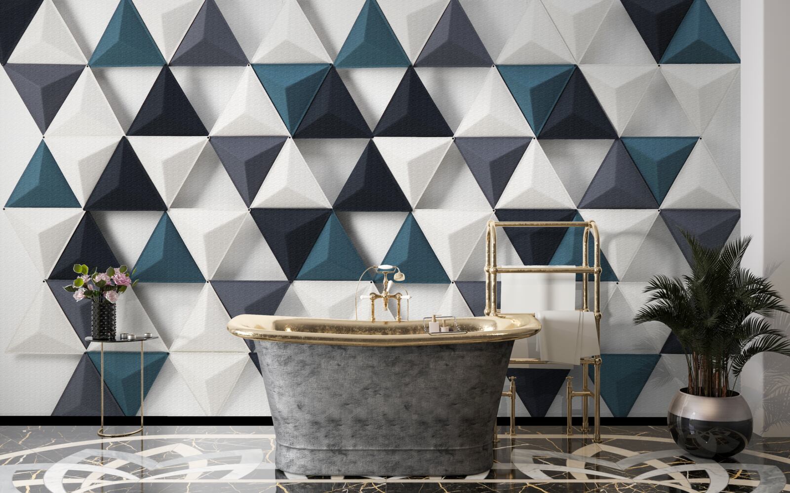 Fotobehang volumetrische driehoeken in witte en smaragdgroene tinten