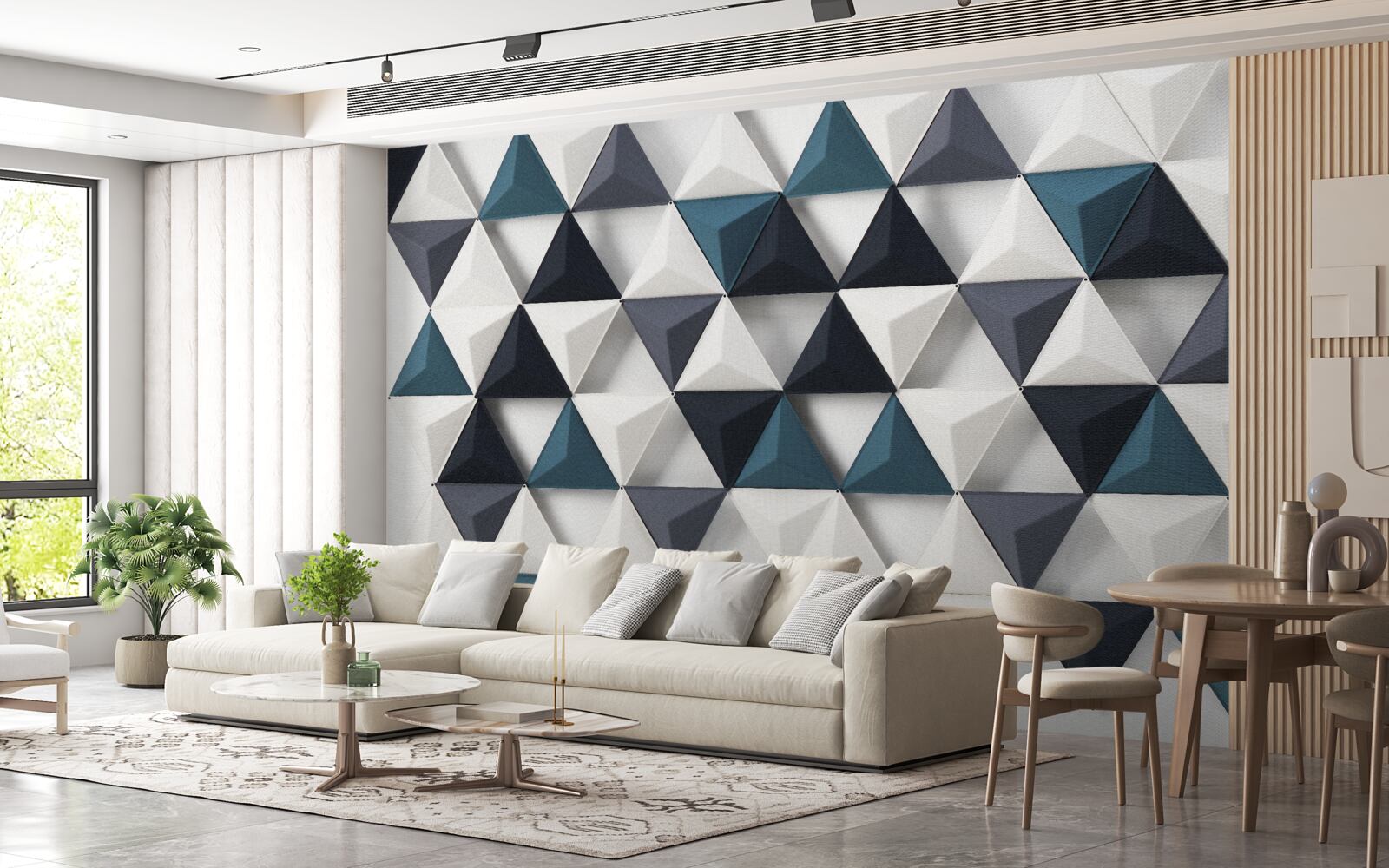 Fotobehang volumetrische driehoeken in witte en smaragdgroene tinten