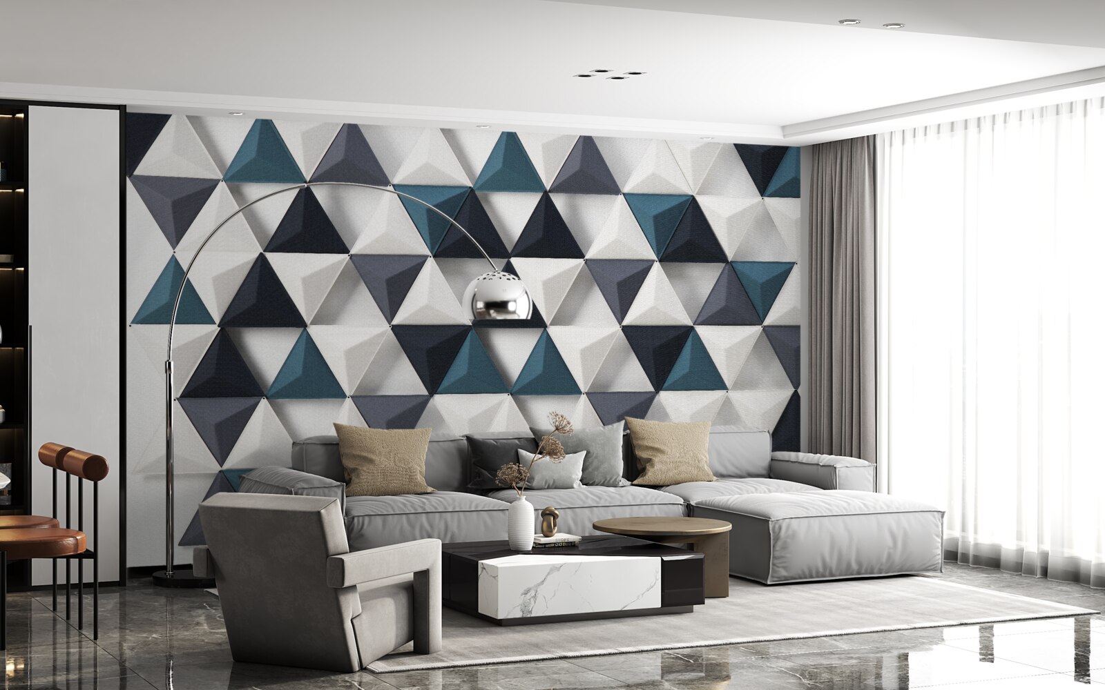 Fotobehang volumetrische driehoeken in witte en smaragdgroene tinten