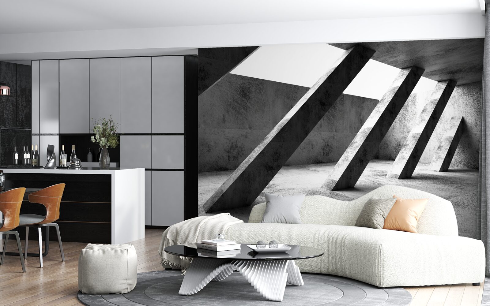 Fotobehang betonnen kolommen in zwart-wit