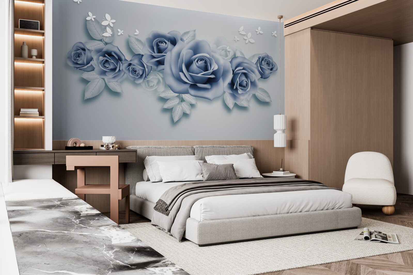 Fotobehang Sneeuwwitte vlinders en zachtblauwe rozen