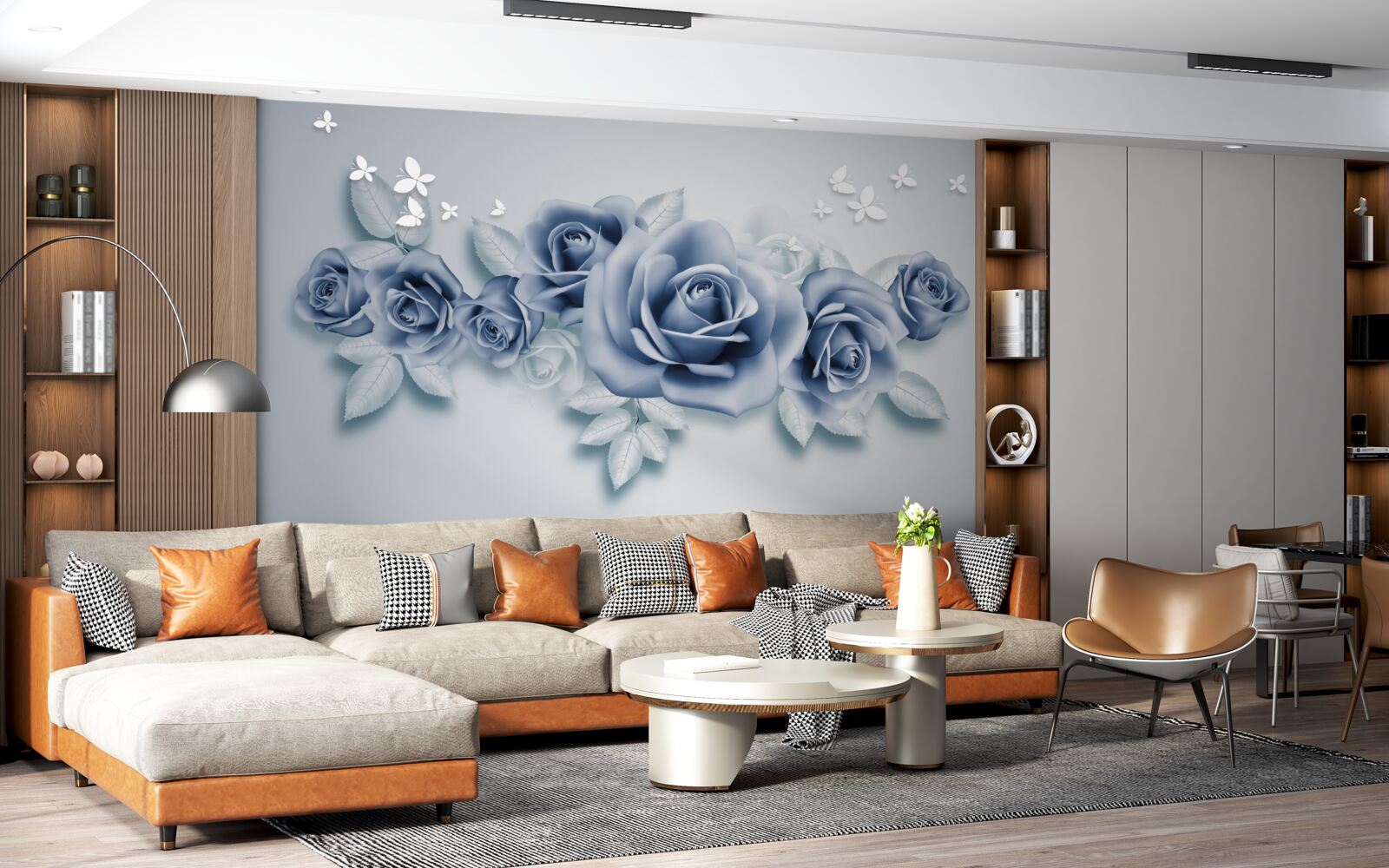 Fotobehang Sneeuwwitte vlinders en zachtblauwe rozen