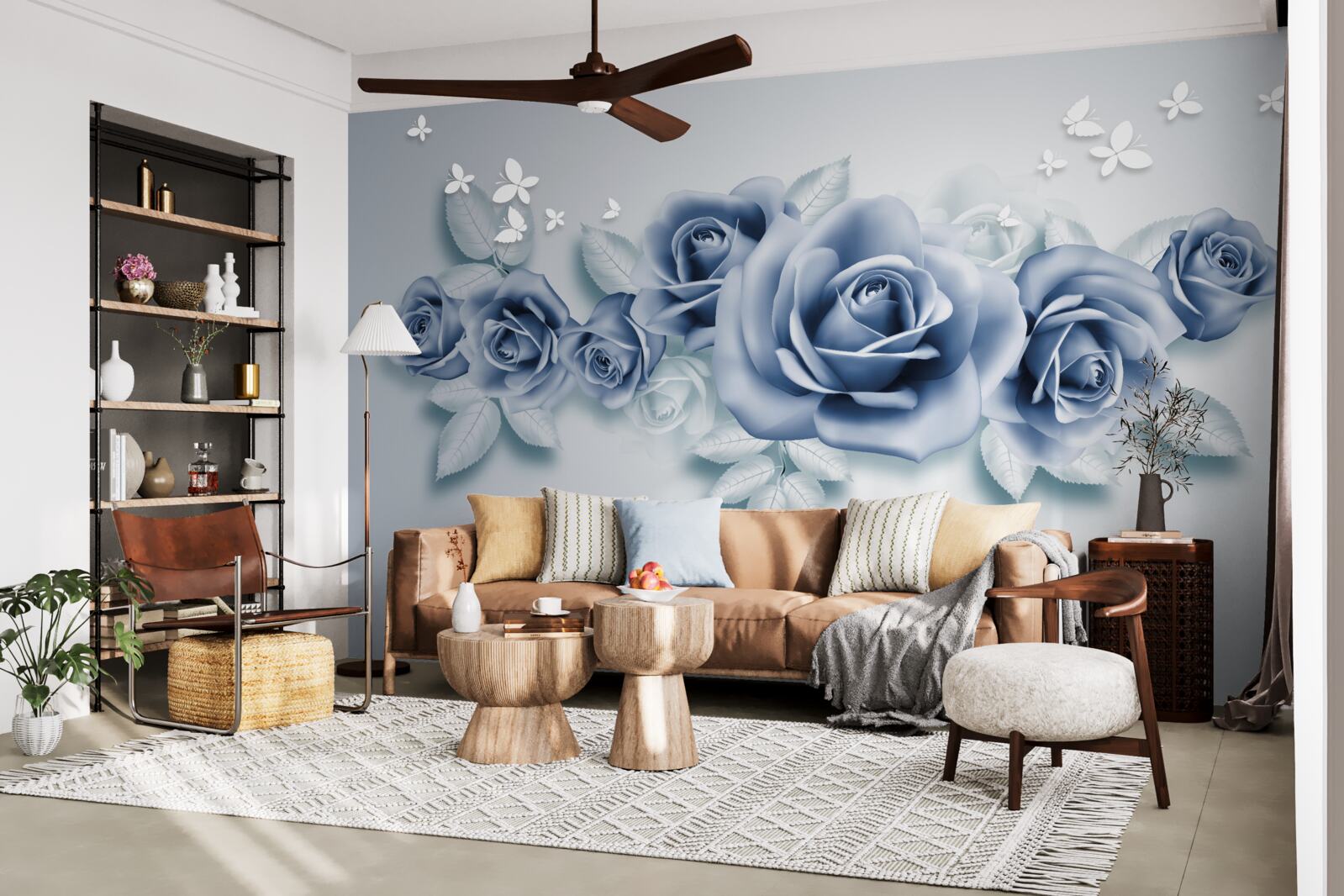 Fotobehang Sneeuwwitte vlinders en zachtblauwe rozen