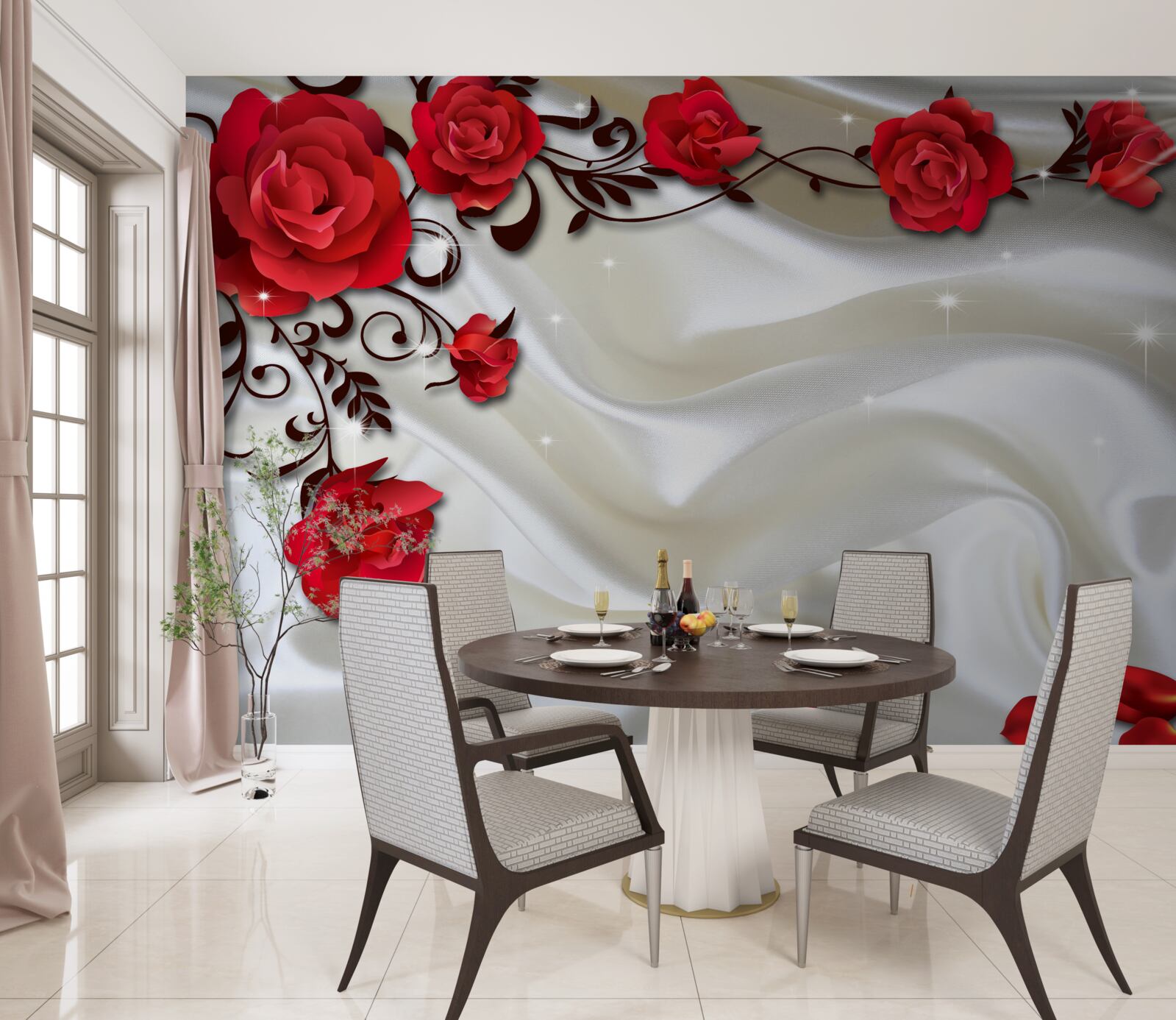 Fotobehang takken van rode rozen op een zachte zijden achtergrond