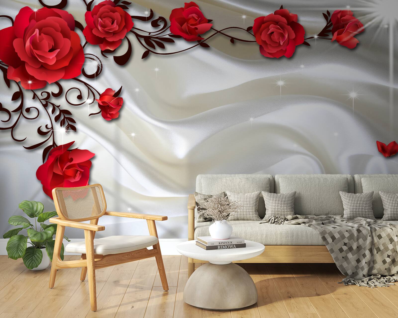 Fotobehang takken van rode rozen op een zachte zijden achtergrond