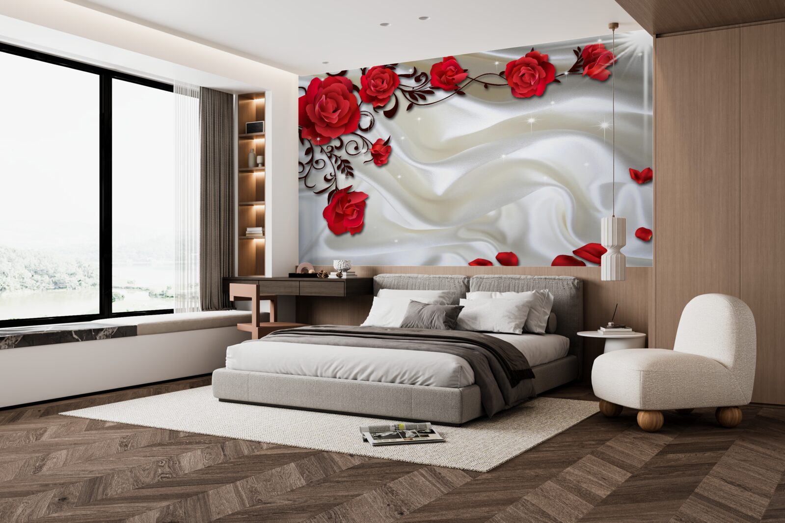 Fotobehang takken van rode rozen op een zachte zijden achtergrond