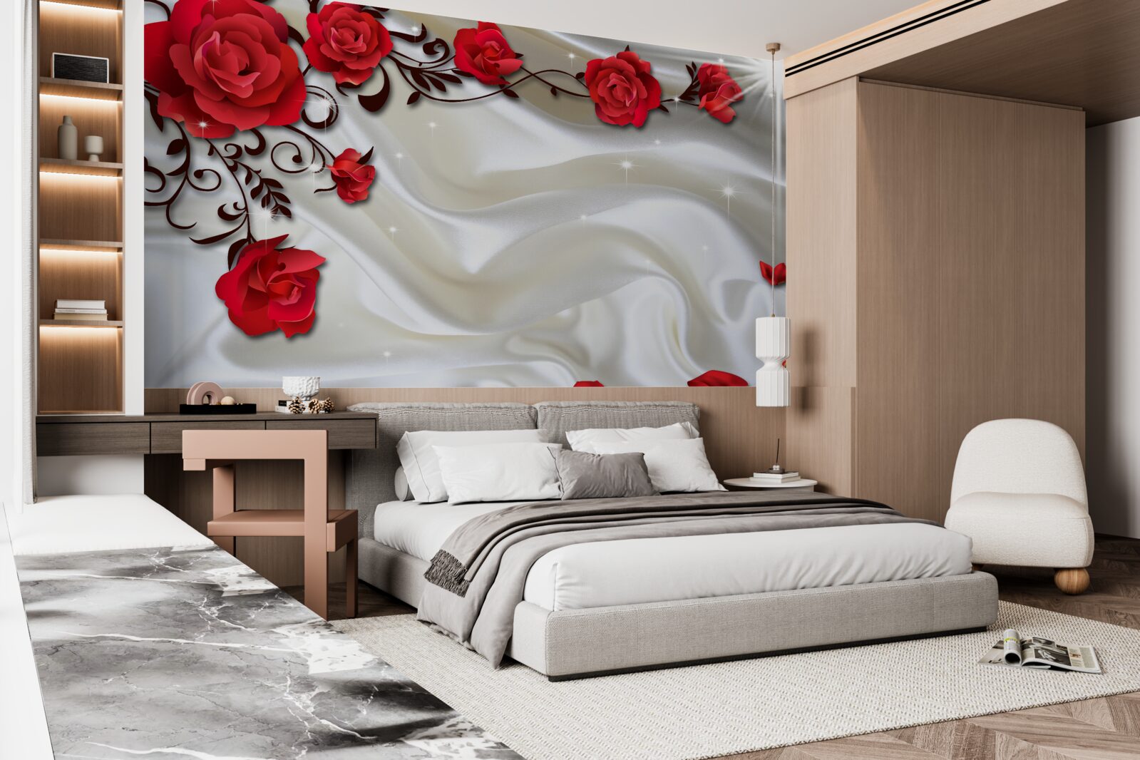 Fotobehang takken van rode rozen op een zachte zijden achtergrond