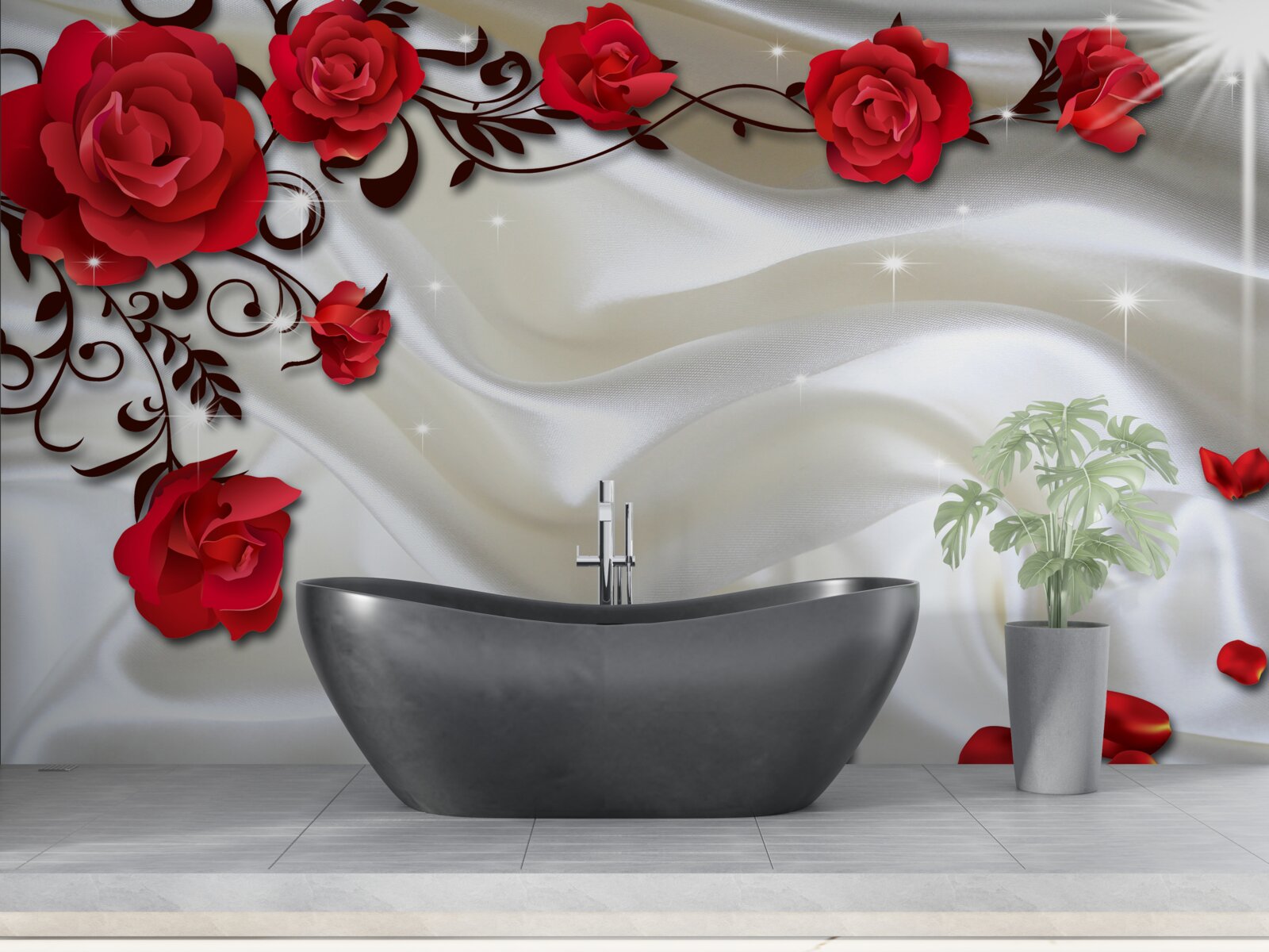 Fotobehang takken van rode rozen op een zachte zijden achtergrond