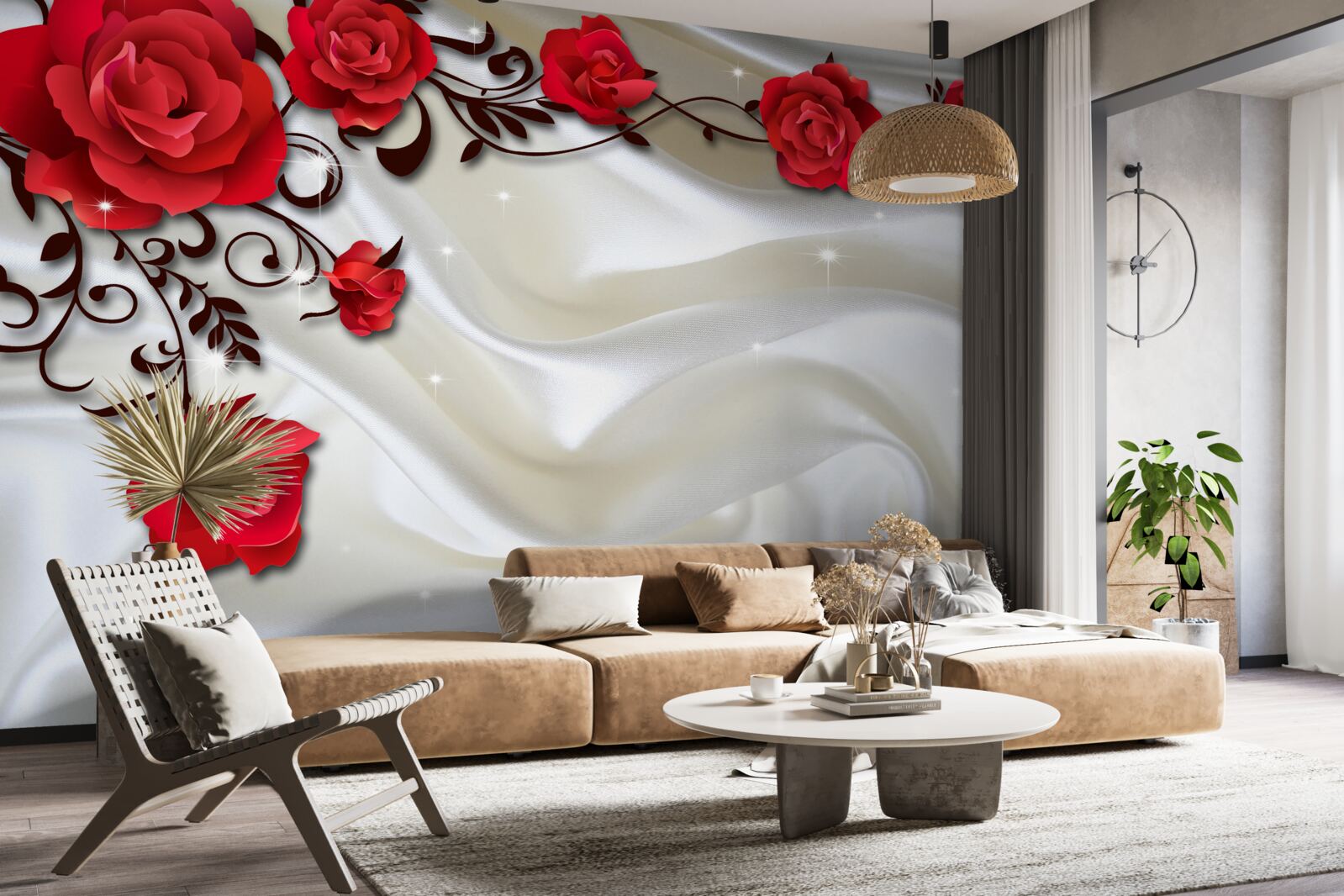 Fotobehang takken van rode rozen op een zachte zijden achtergrond