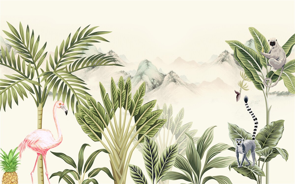 Fotobehang exotische tropen en pastelroze flamingo's