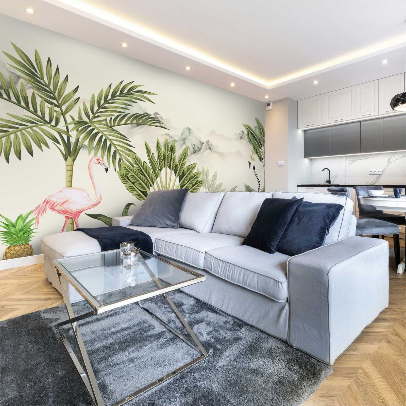 Fotobehang exotische tropen en pastelroze flamingo's