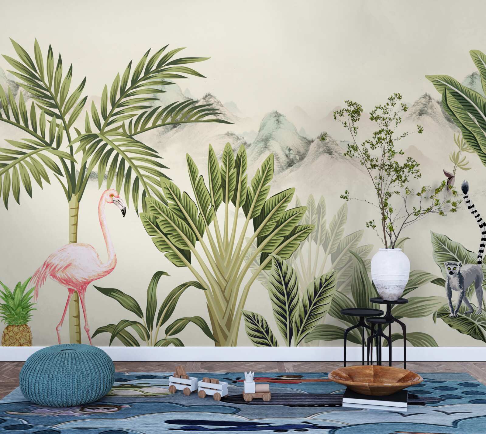 Fotobehang exotische tropen en pastelroze flamingo's