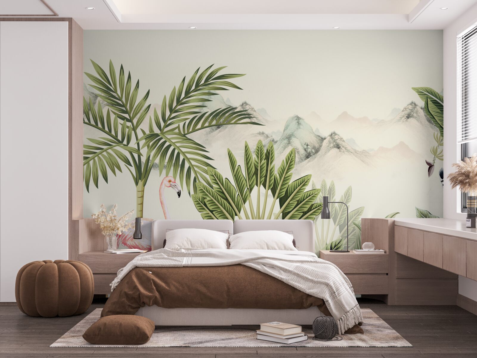 Fotobehang exotische tropen en pastelroze flamingo's