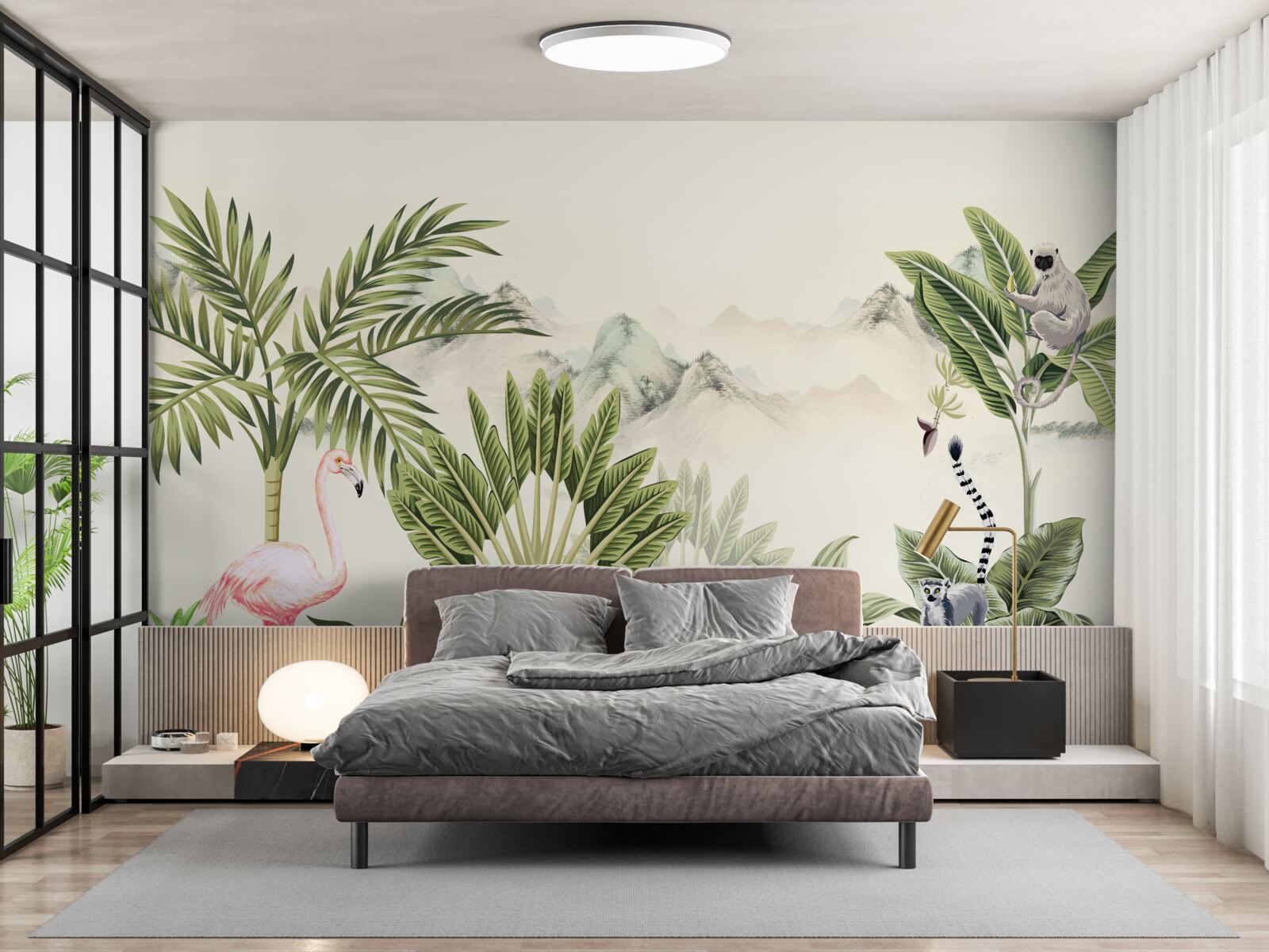 Fotobehang exotische tropen en pastelroze flamingo's