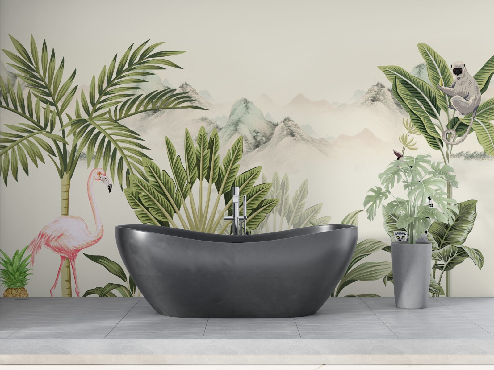 Fotobehang exotische tropen en pastelroze flamingo's