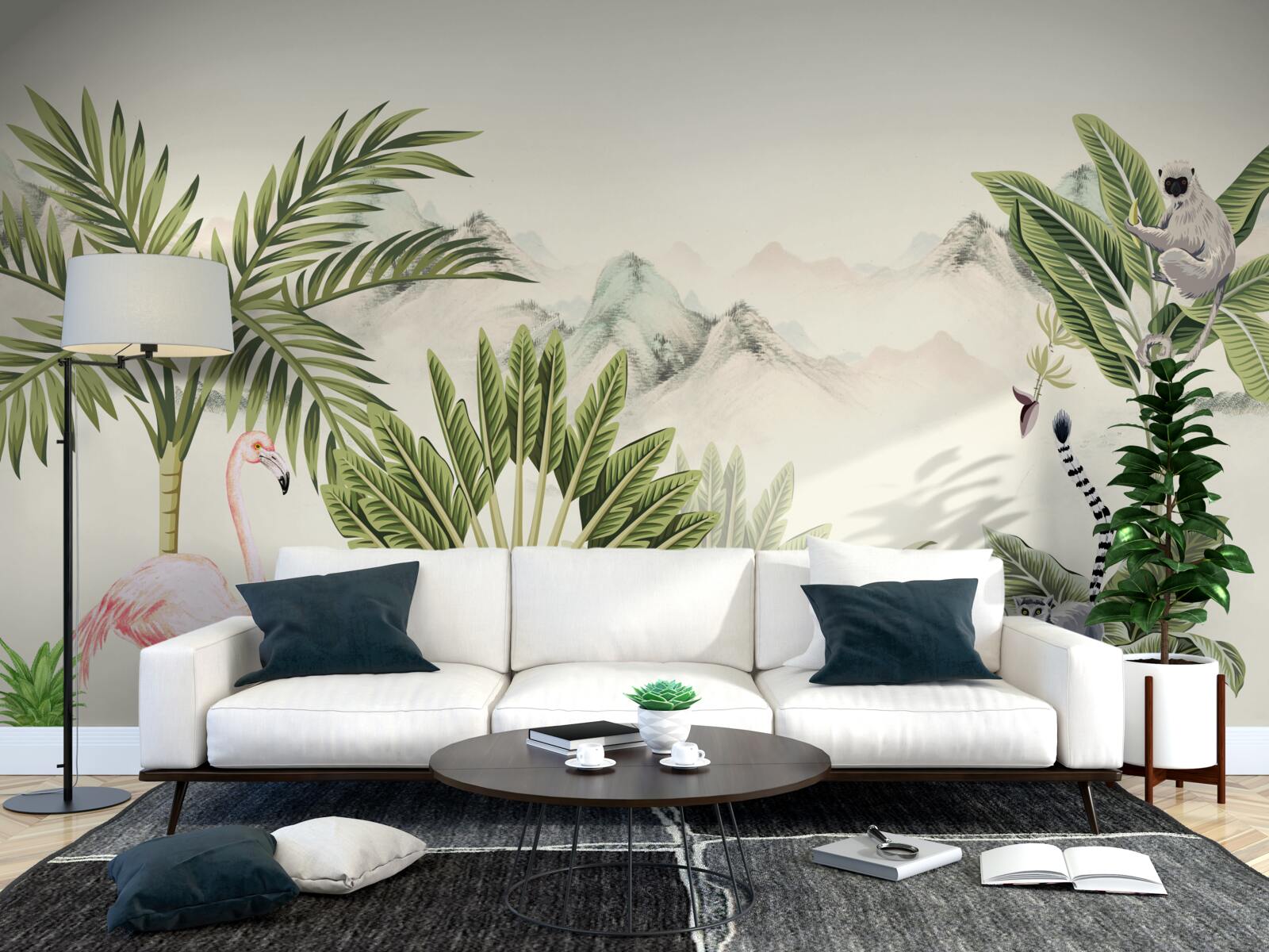 Fotobehang exotische tropen en pastelroze flamingo's