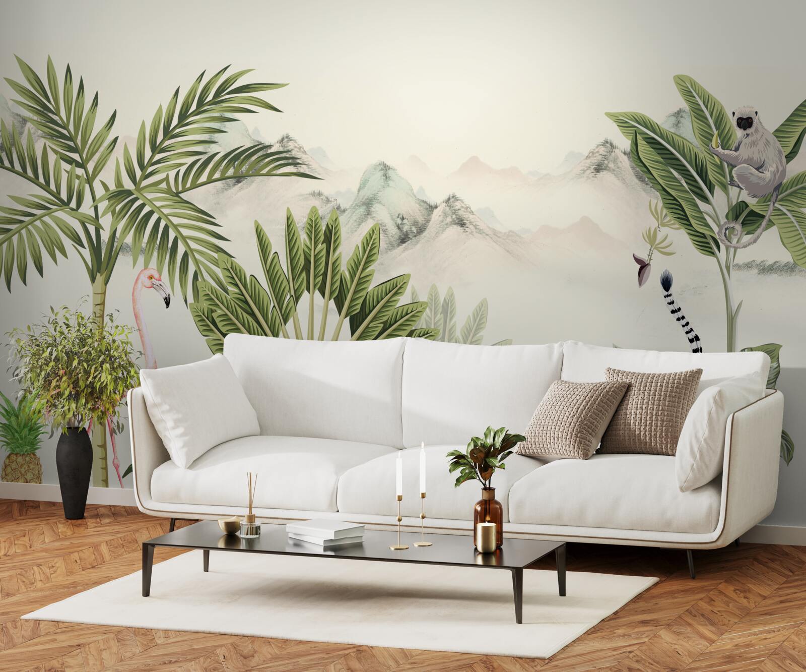 Fotobehang exotische tropen en pastelroze flamingo's