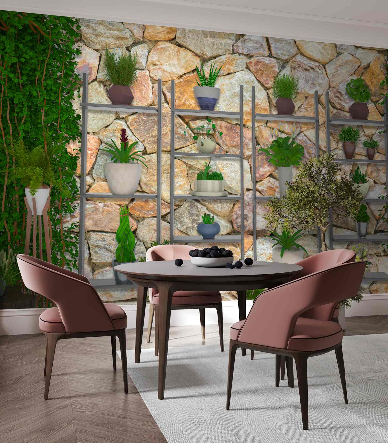 Fotobehang potplanten op een plank, groen geschilderd