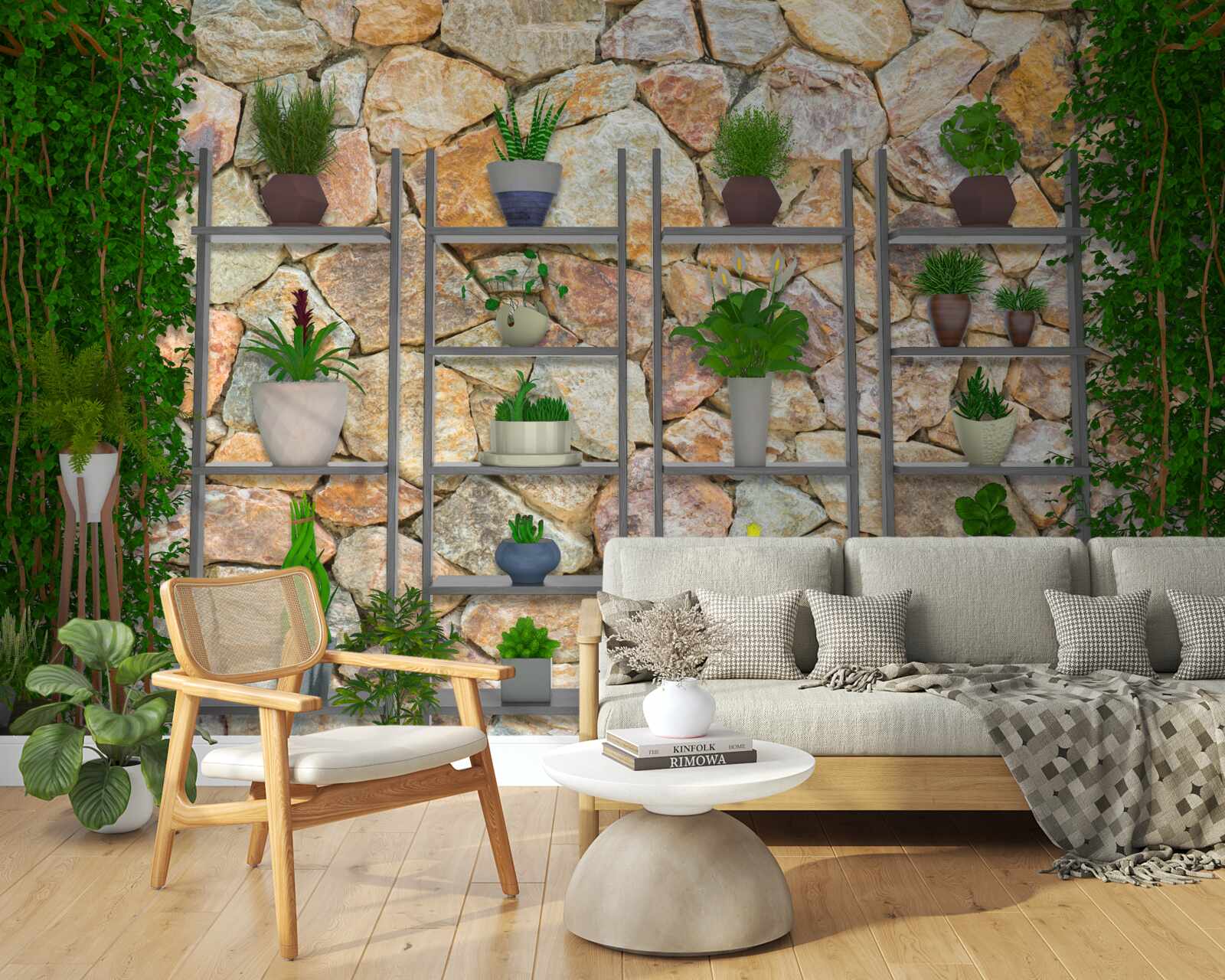 Fotobehang potplanten op een plank, groen geschilderd