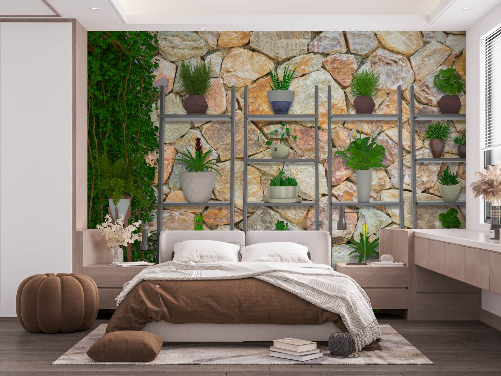 Fotobehang potplanten op een plank, groen geschilderd