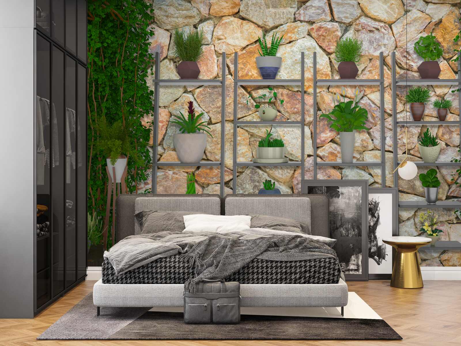 Fotobehang potplanten op een plank, groen geschilderd