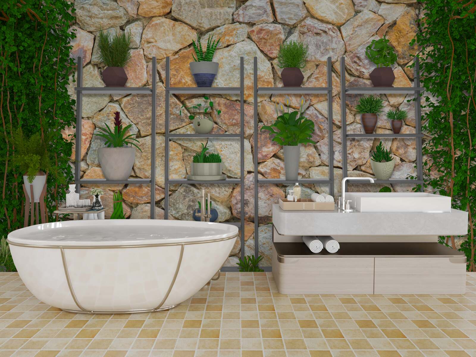 Fotobehang potplanten op een plank, groen geschilderd