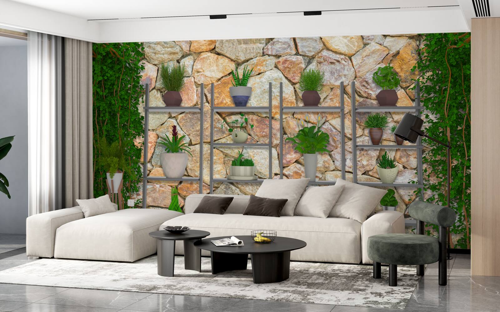 Fotobehang potplanten op een plank, groen geschilderd