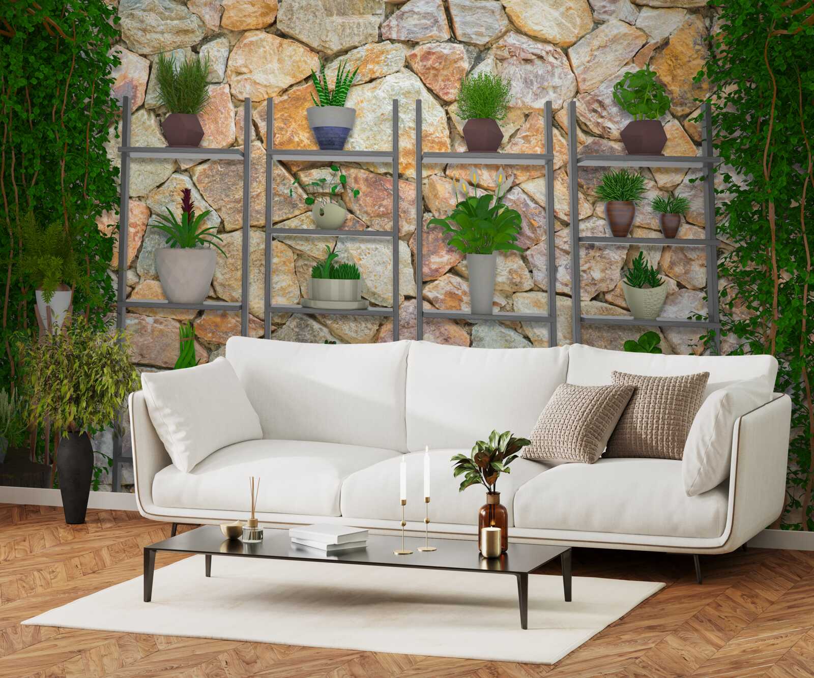 Fotobehang potplanten op een plank, groen geschilderd