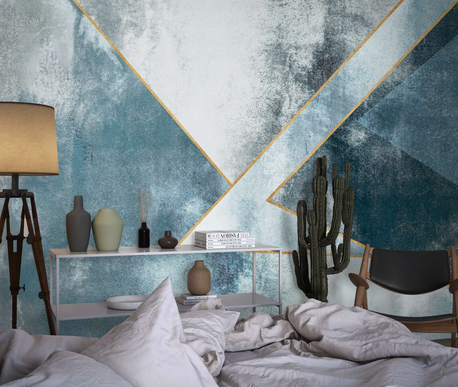 Fotobehang blauw marmer met gouden randen