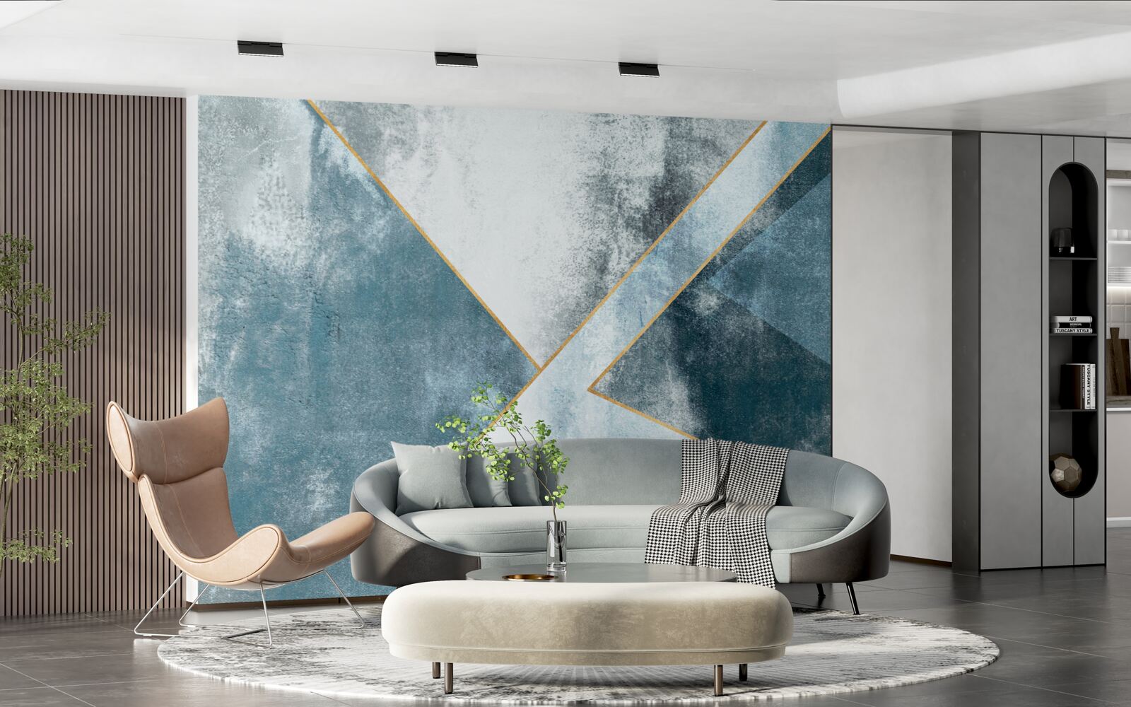 Fotobehang blauw marmer met gouden randen