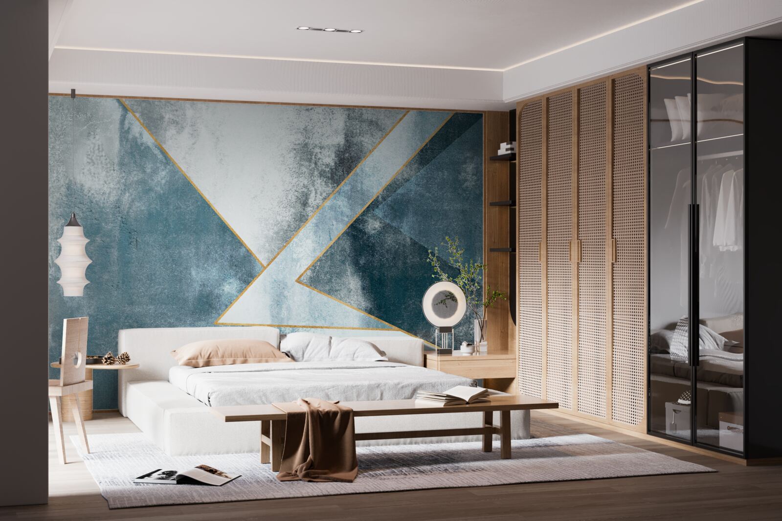 Fotobehang blauw marmer met gouden randen