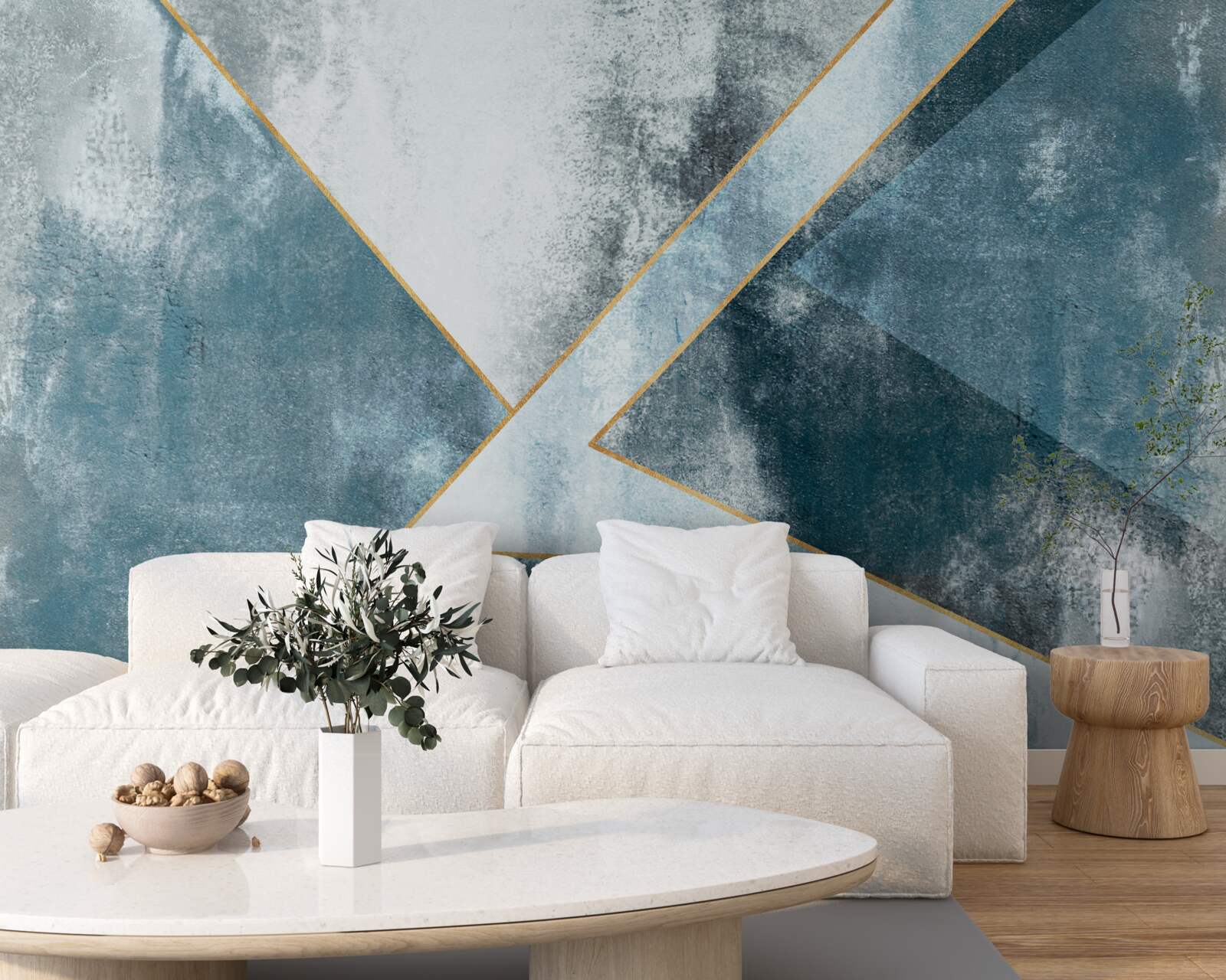 Fotobehang blauw marmer met gouden randen