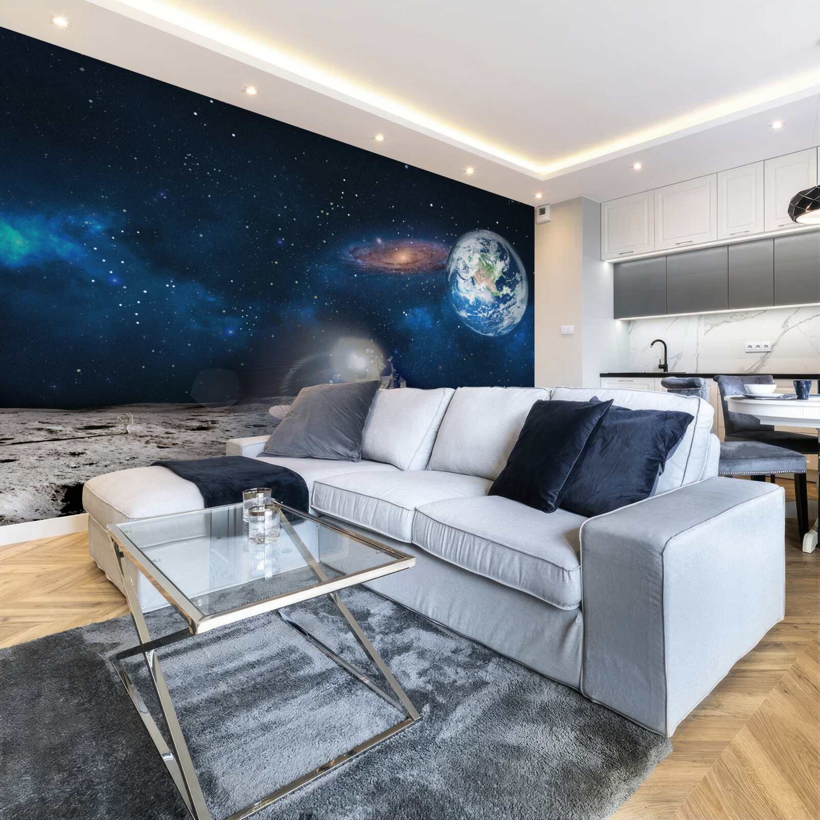 Fotobehang zicht op de aarde vanuit het kosmische perspectief van de maan met futuristische elementen