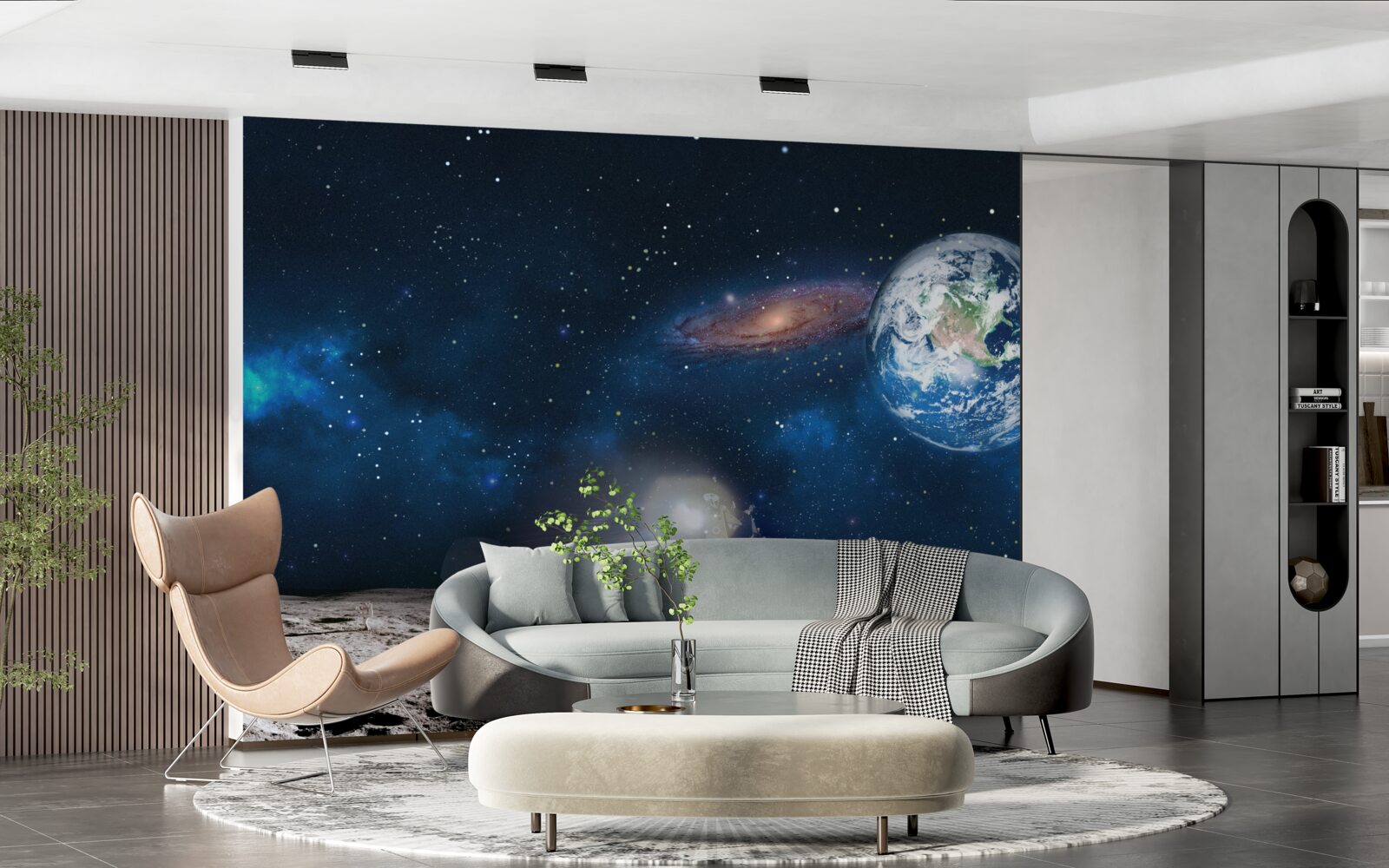 Fotobehang zicht op de aarde vanuit het kosmische perspectief van de maan met futuristische elementen
