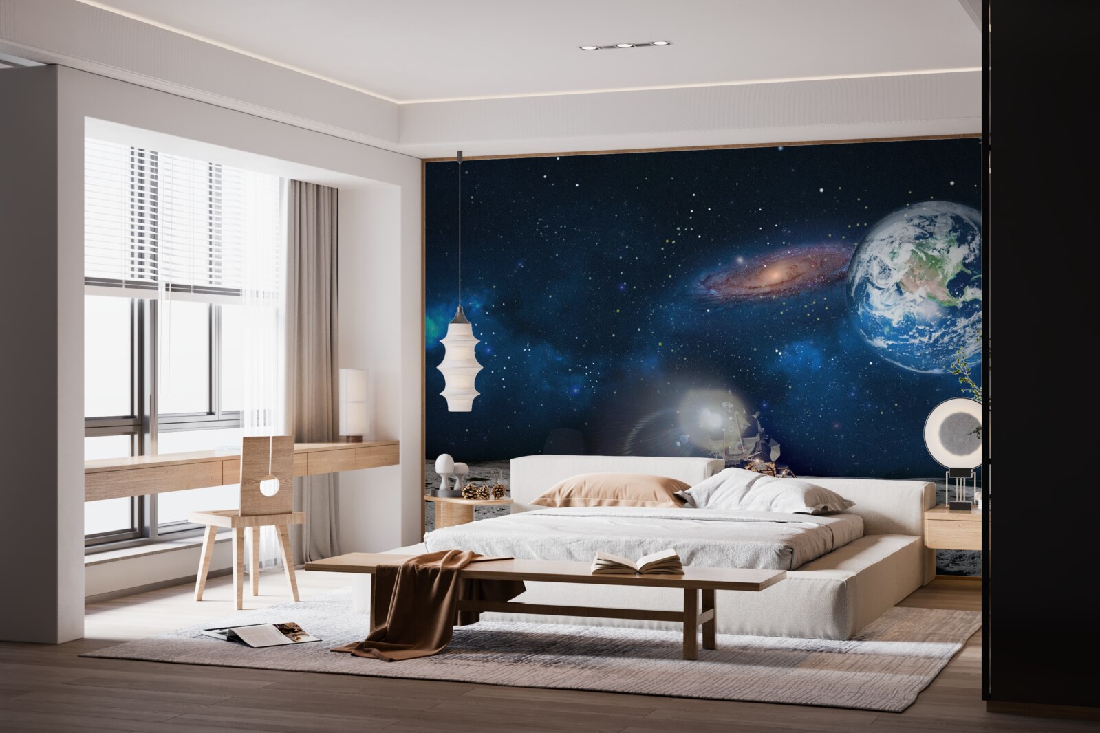 Fotobehang zicht op de aarde vanuit het kosmische perspectief van de maan met futuristische elementen