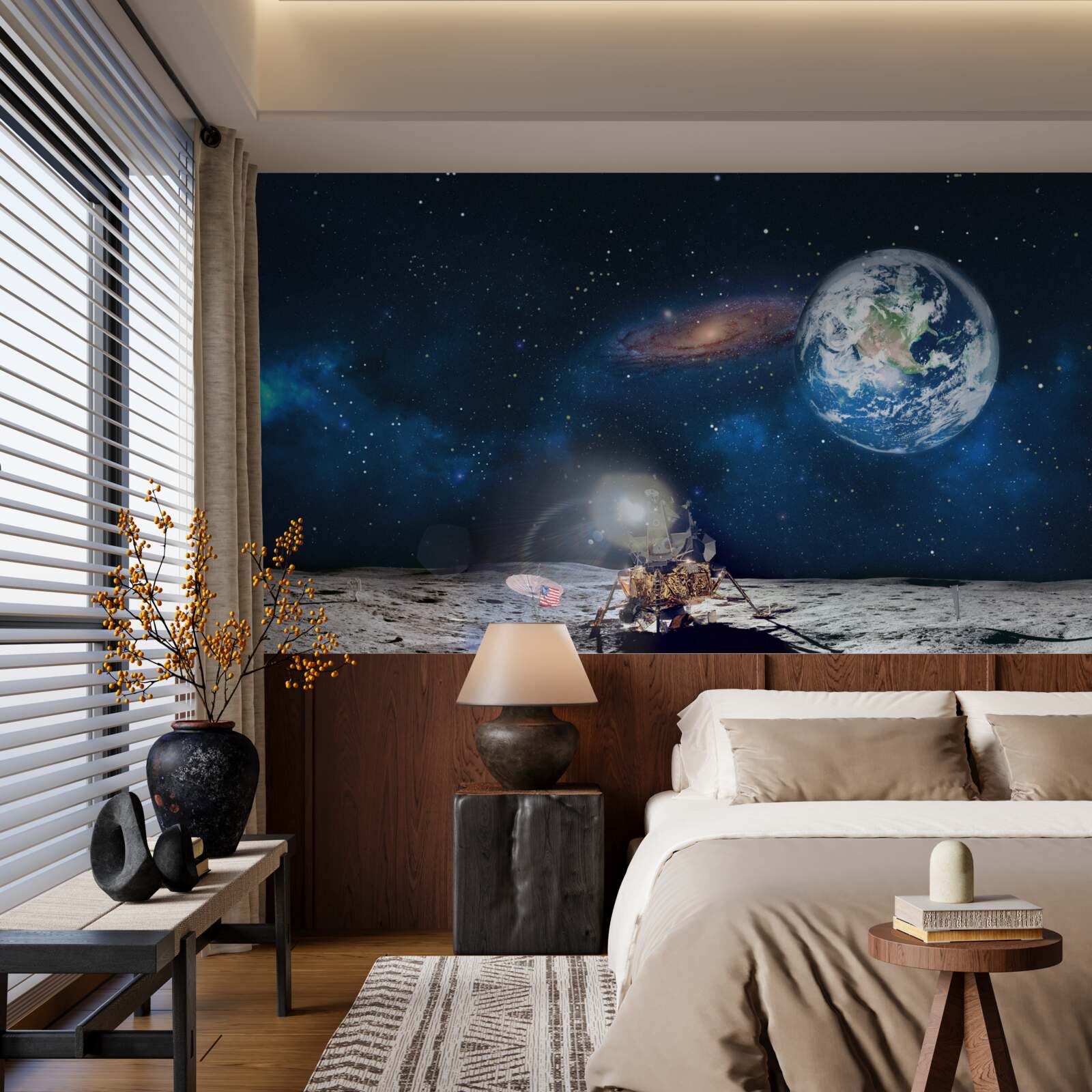 Fotobehang zicht op de aarde vanuit het kosmische perspectief van de maan met futuristische elementen
