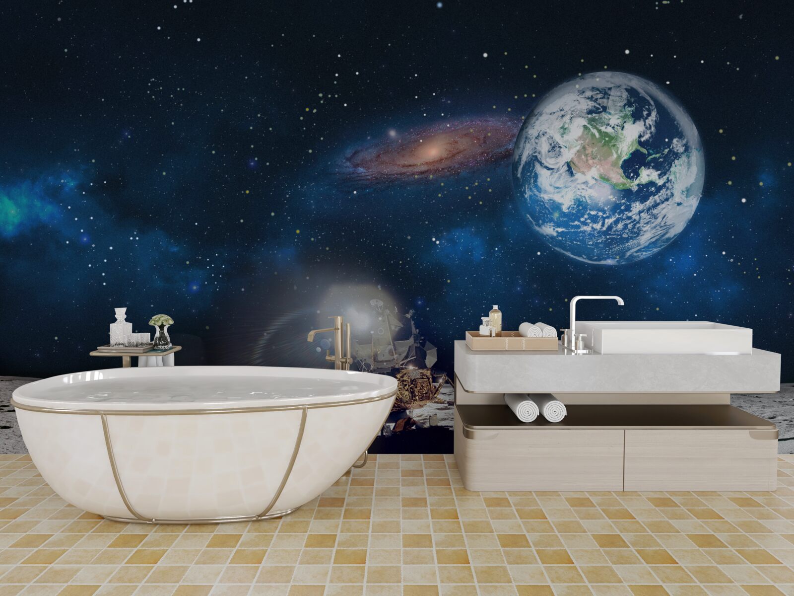 Fotobehang zicht op de aarde vanuit het kosmische perspectief van de maan met futuristische elementen