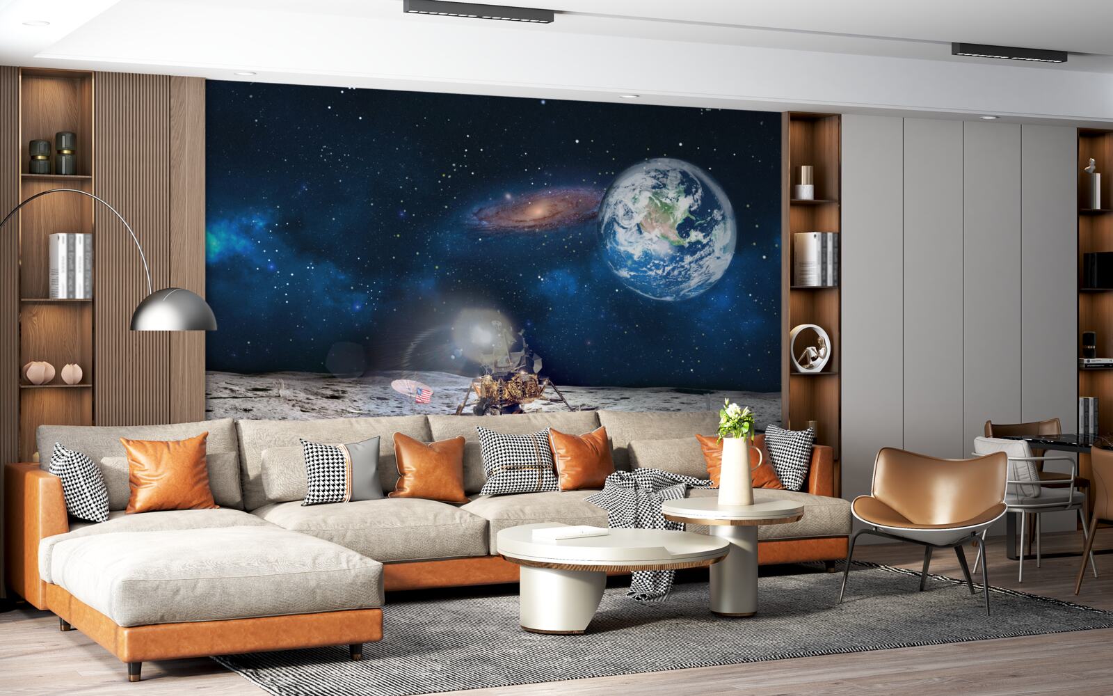 Fotobehang zicht op de aarde vanuit het kosmische perspectief van de maan met futuristische elementen