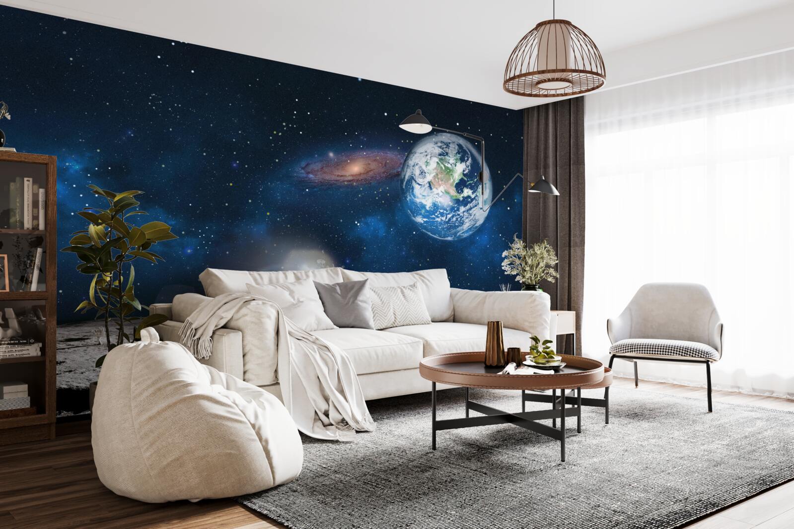 Fotobehang zicht op de aarde vanuit het kosmische perspectief van de maan met futuristische elementen