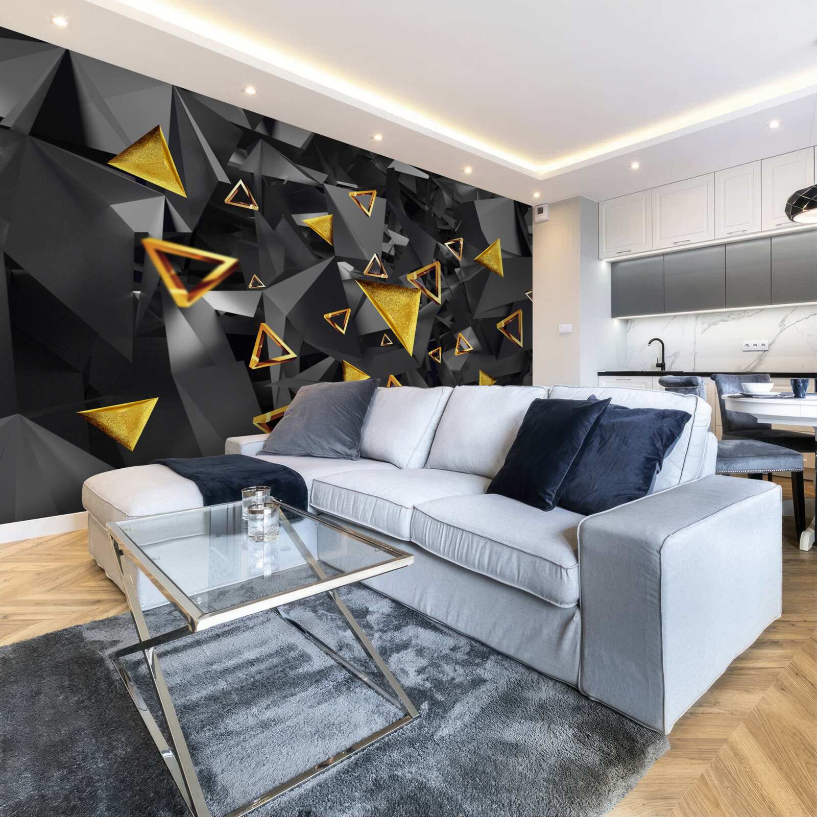 Fotobehang gouden driehoeken die oprijzen tegen de duisternis