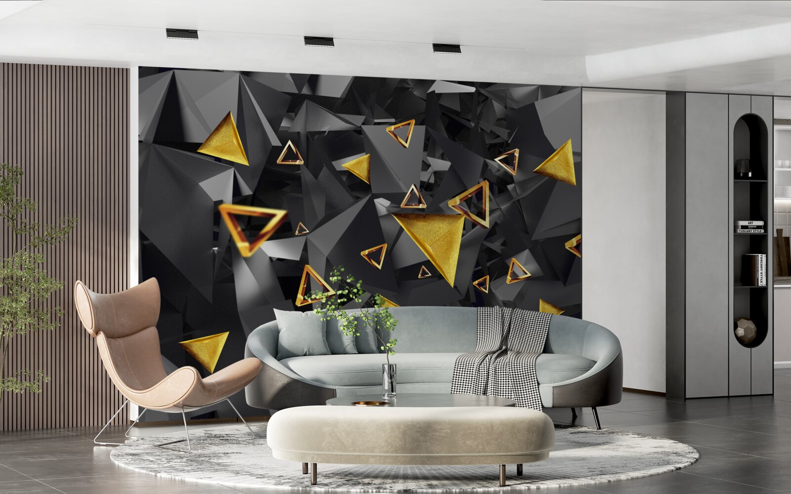 Fotobehang gouden driehoeken die oprijzen tegen de duisternis