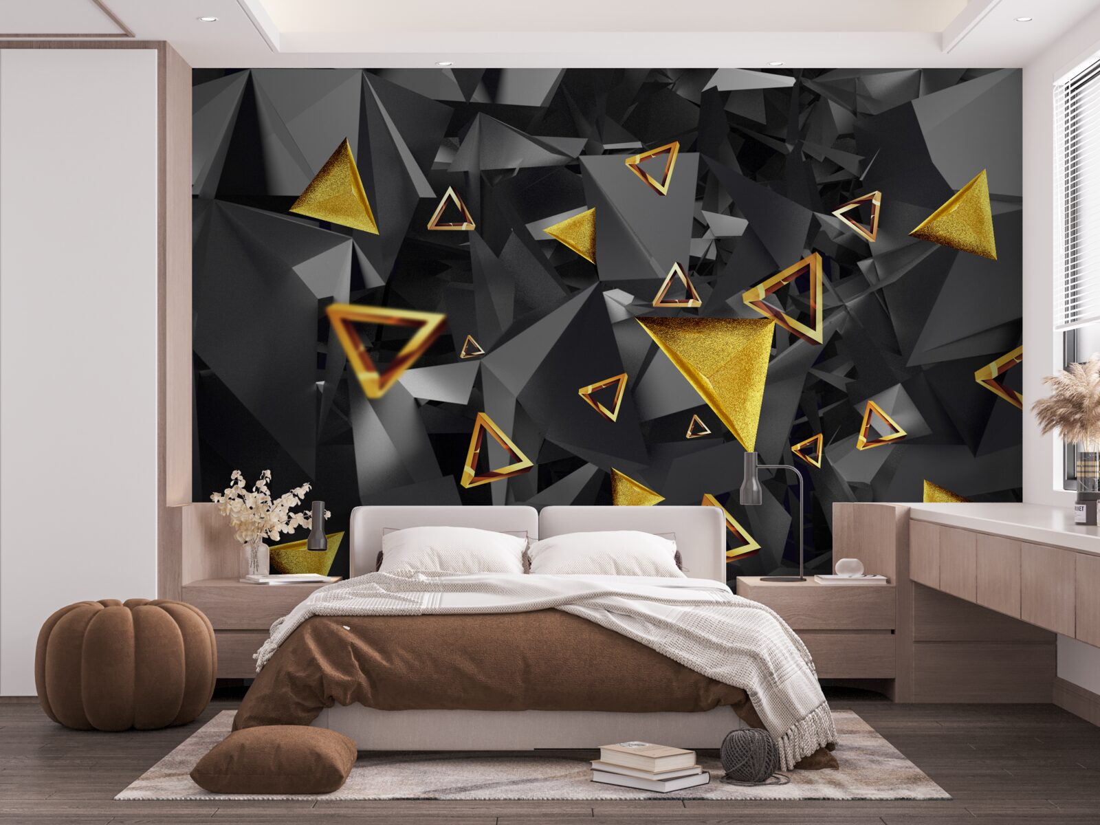 Fotobehang gouden driehoeken die oprijzen tegen de duisternis