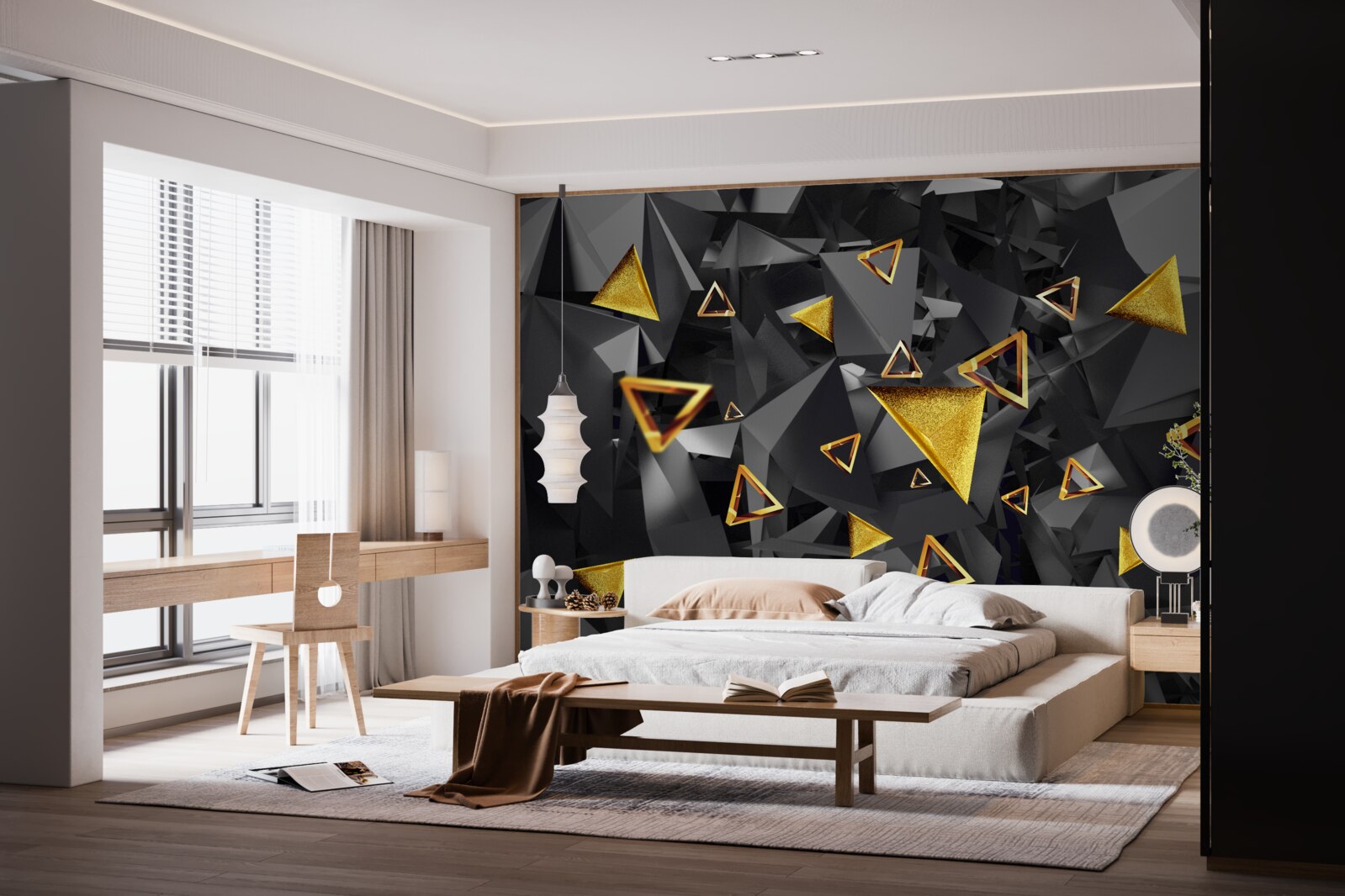 Fotobehang gouden driehoeken die oprijzen tegen de duisternis