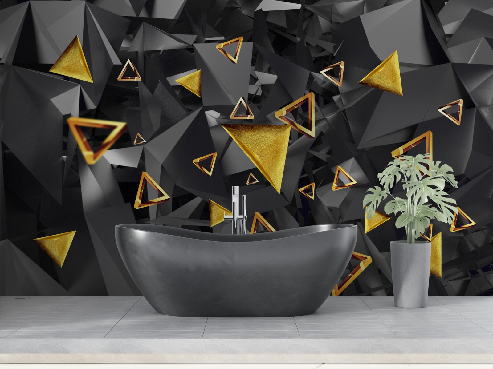 Fotobehang gouden driehoeken die oprijzen tegen de duisternis