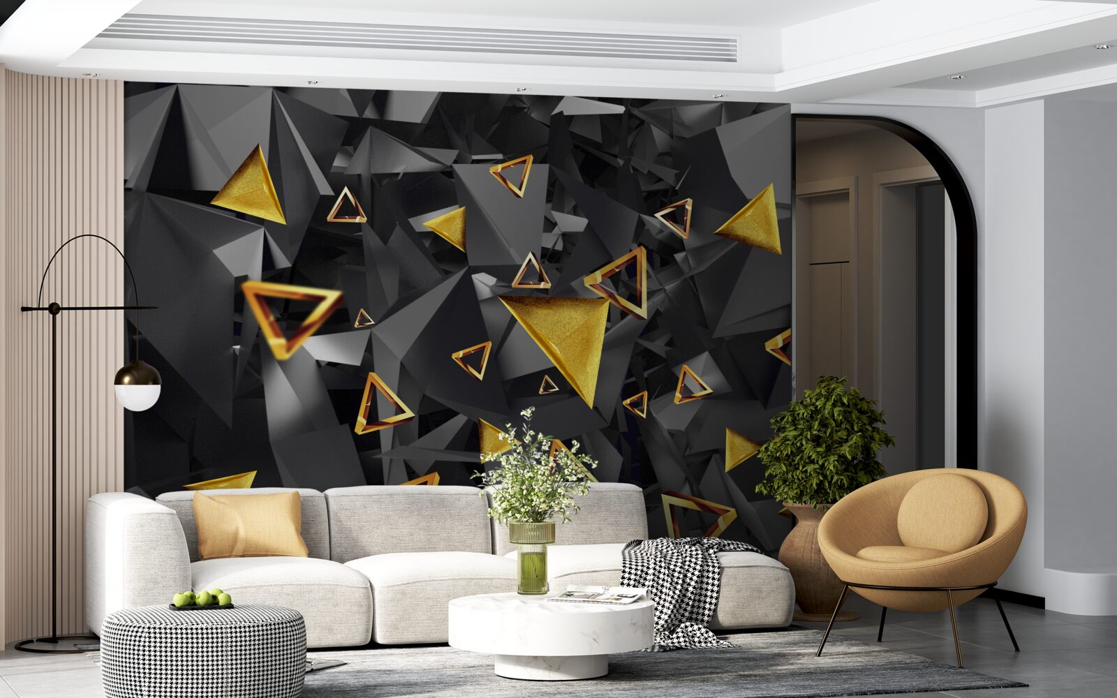 Fotobehang gouden driehoeken die oprijzen tegen de duisternis