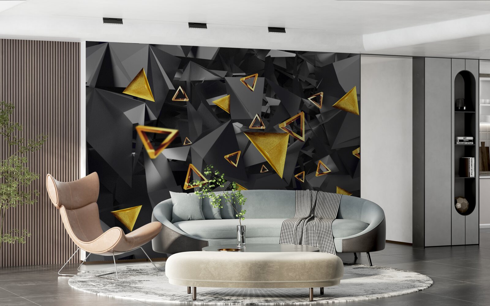 Fotobehang gouden driehoeken die oprijzen tegen de duisternis