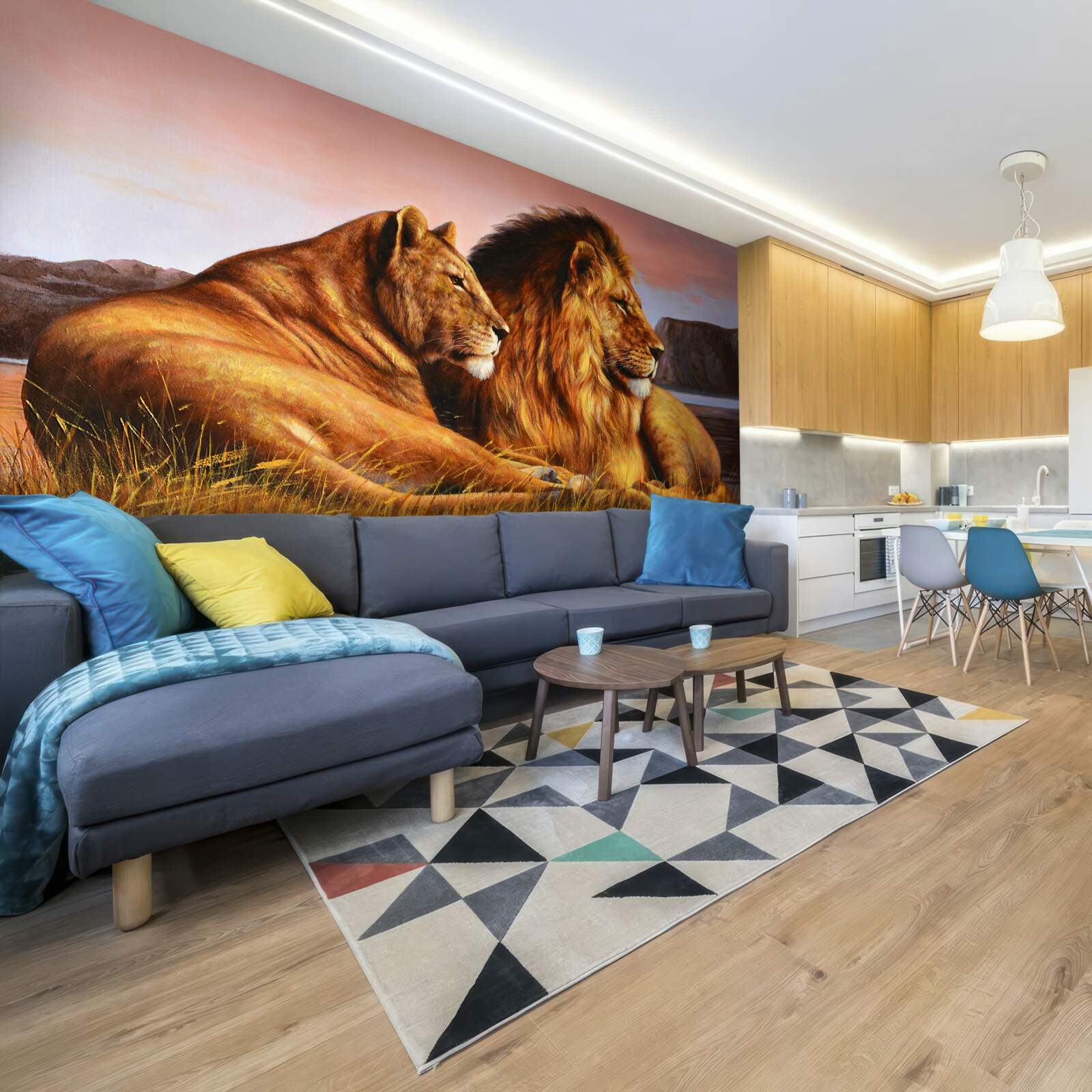 Fotobehang leeuwenfamilie waakt over haar kinderen