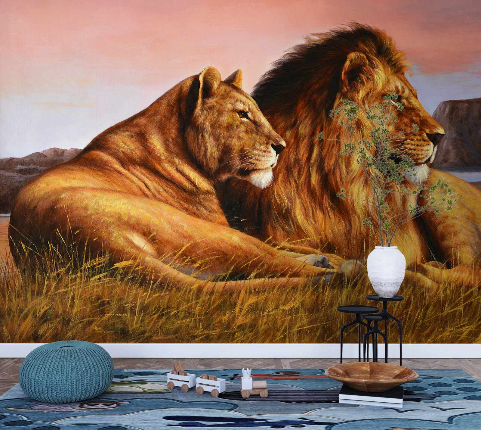 Fotobehang leeuwenfamilie waakt over haar kinderen